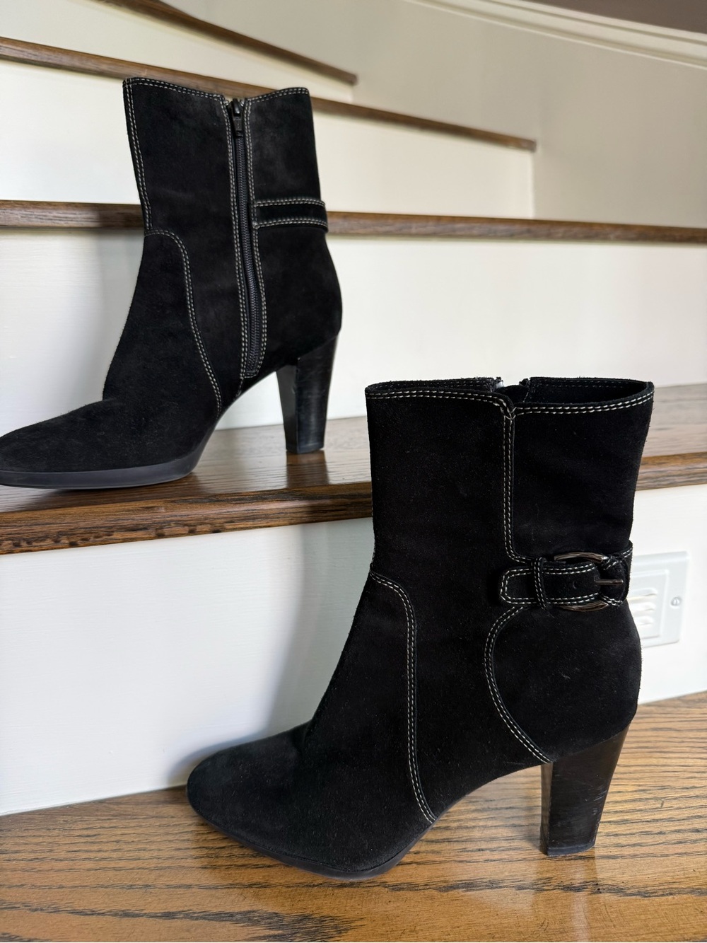Women's Black Suede Mid-Calf Heeled Boots with Decorative Buckle